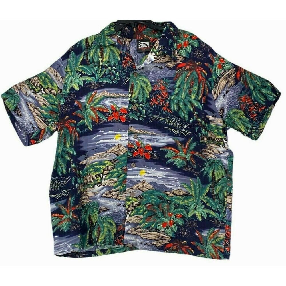 Pipeline USA Mens Hawaiian Shirt Large Vintage Volcano Tropical Cascade Scenic